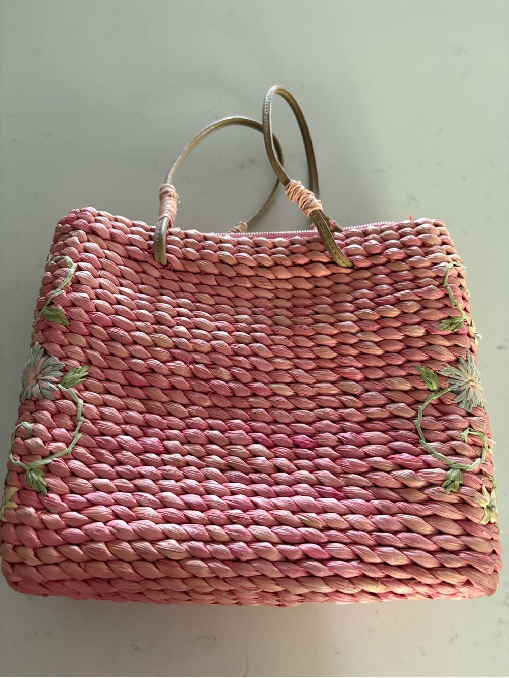 Pink Woven Floral-Embroidered Tote Bag